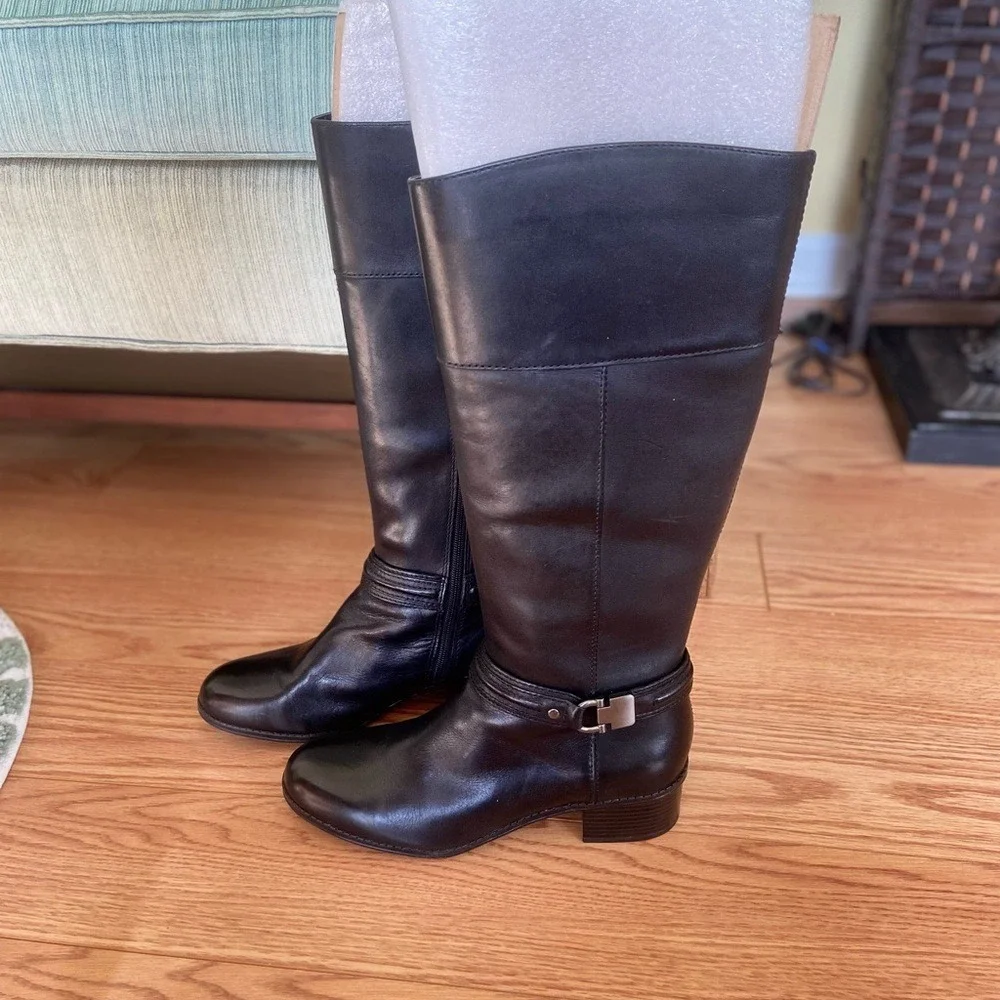 Bandolino Black Leather Knee High Riding‎ Boots Buckle Zip Equestrian